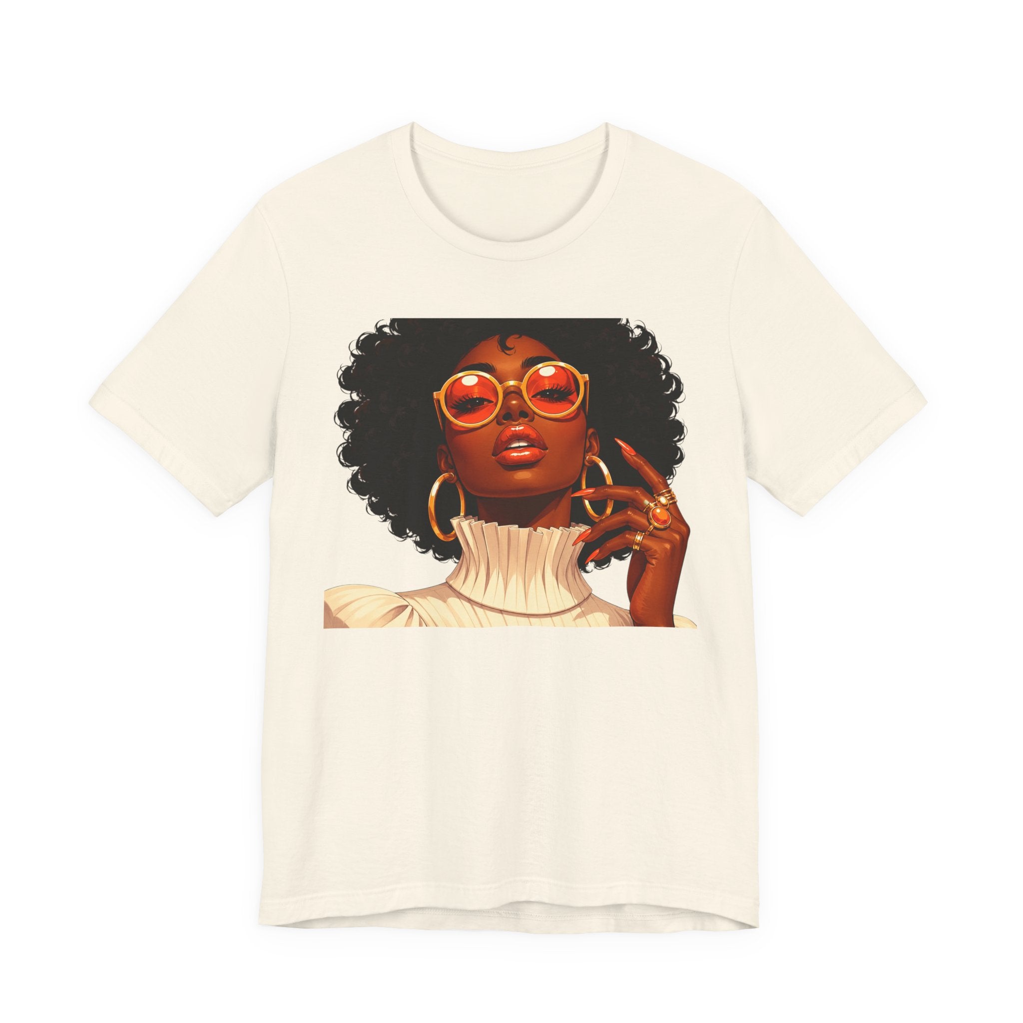 Afro Chic Portrait Tee — Retro Orange Sunglasses Art T-Shirt
