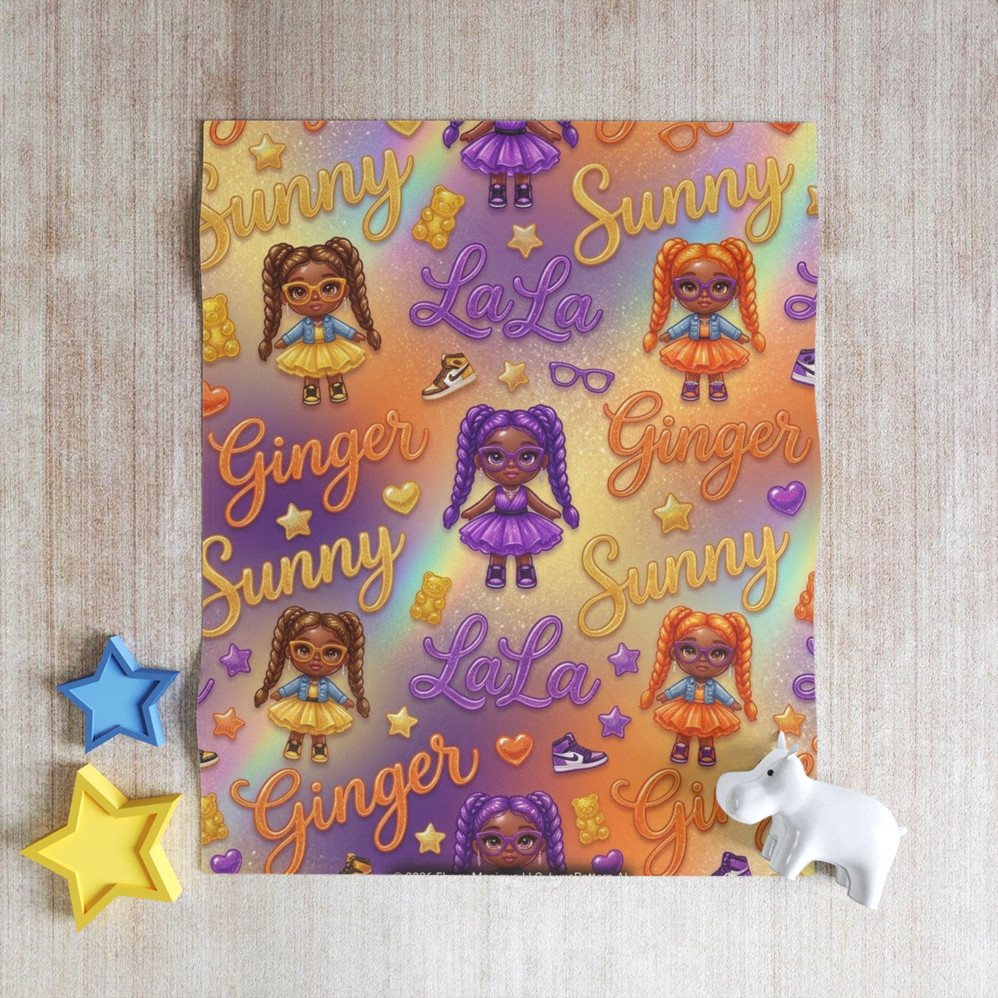 Kids' Doll Pattern Throw Blanket — 'Sunny, Ginger, LaLa' Cozy Plush Blanket