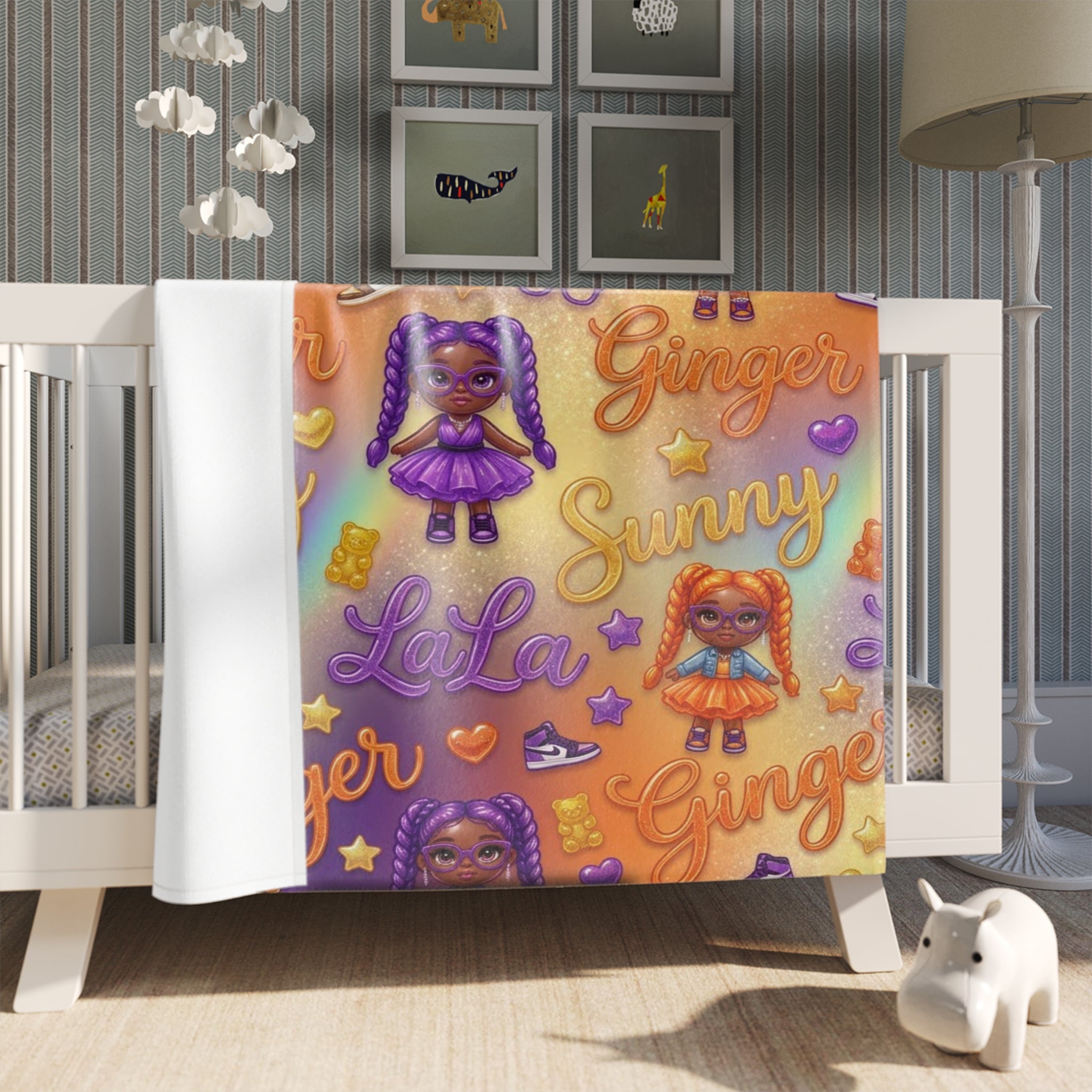 Kids' Doll Pattern Throw Blanket — 'Sunny, Ginger, LaLa' Cozy Plush Blanket