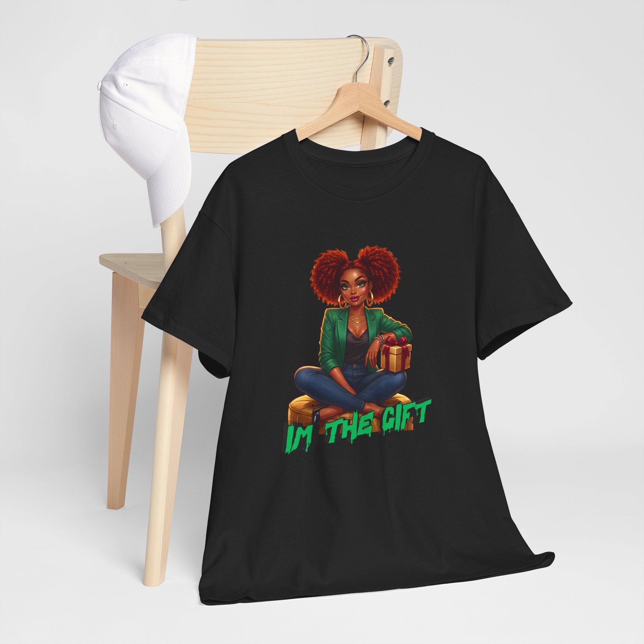 T‑Shirt — 'In The Gift' Afro Woman Graphic Tee, Holiday Present Vibe