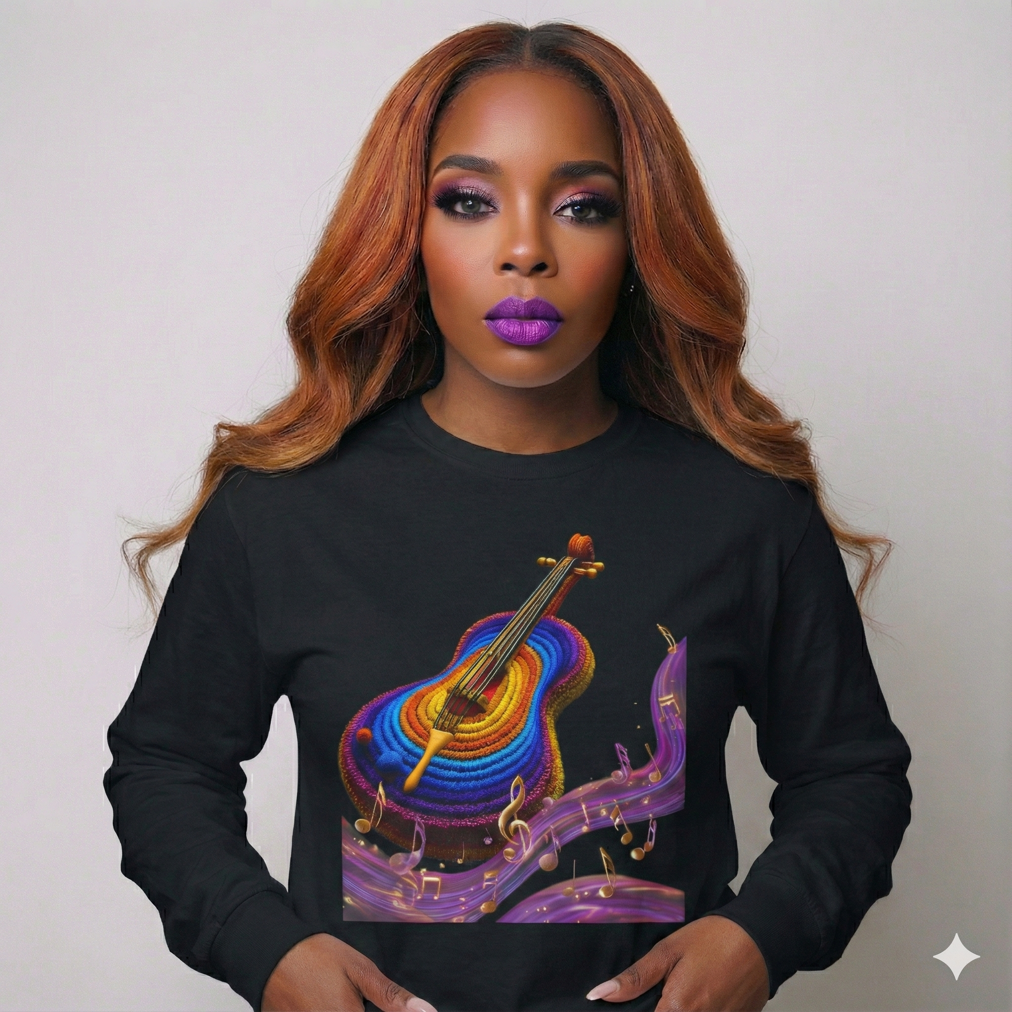 Rainbow Acoustic Guitar Long Sleeve Tee — Colorful Music Notes Shirt