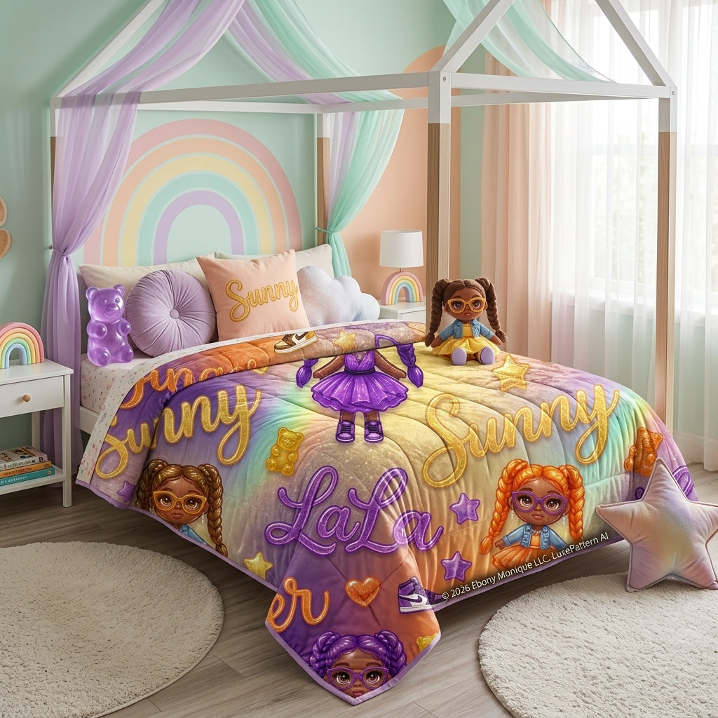 Girls' Doll Name Pattern Comforter — Sunny, LaLa & Ginger Kids Bedding