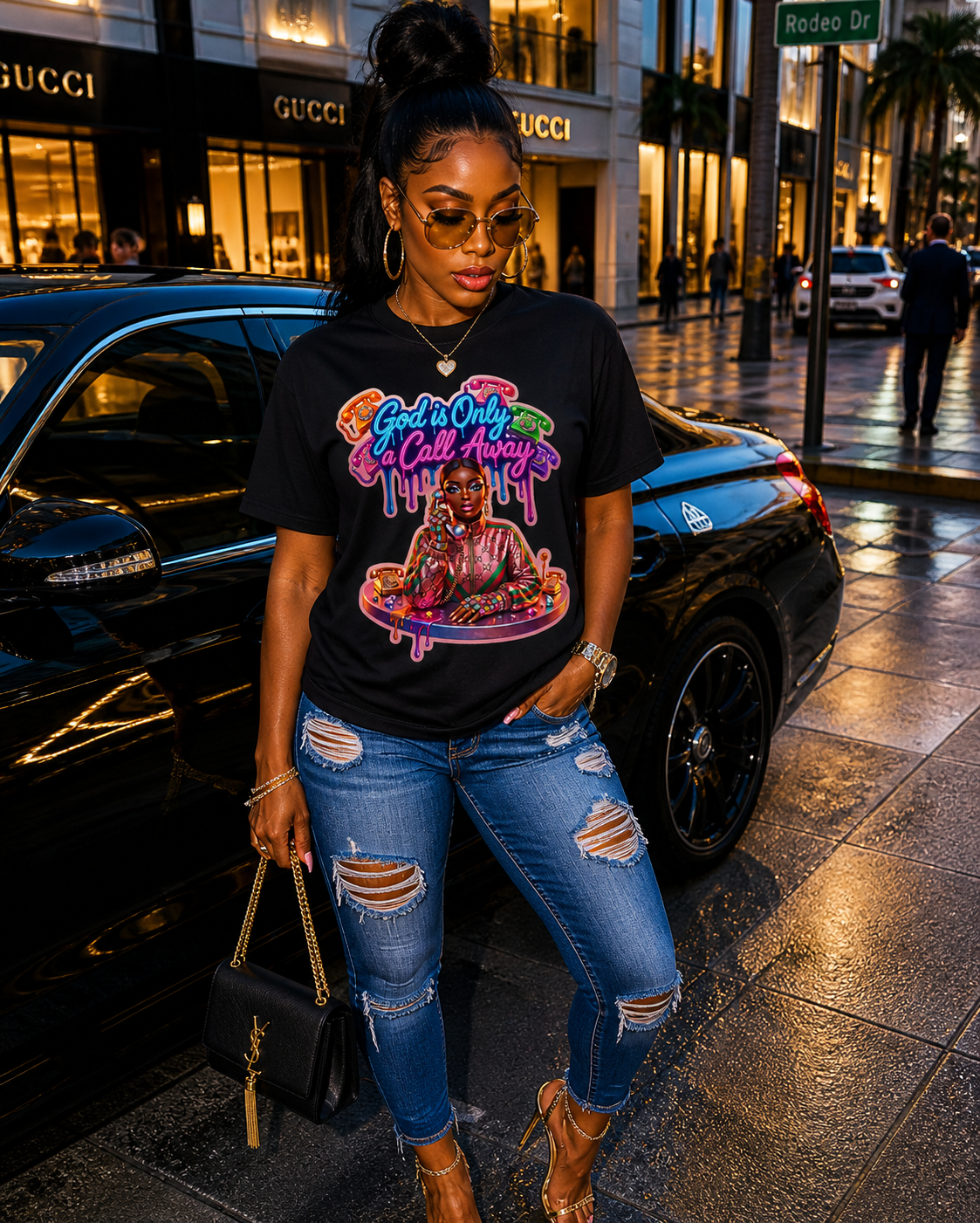 Women's Tee — 'God Is Only a Call Away' Colorful Retro Devotional Graphic