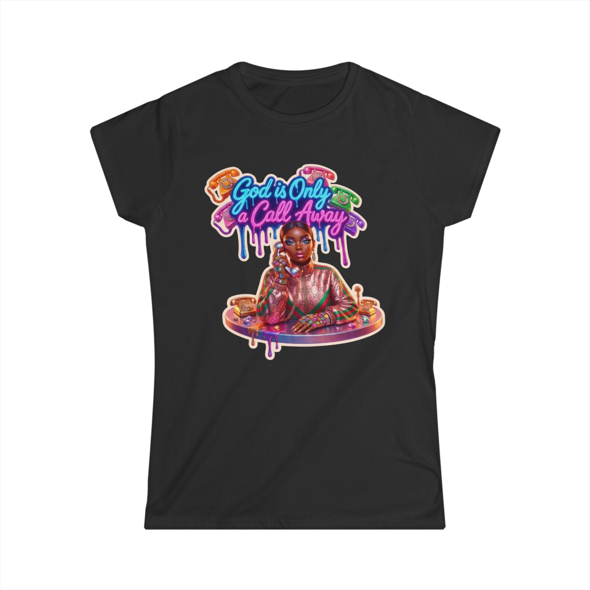 Women's Tee — 'God Is Only a Call Away' Colorful Retro Devotional Graphic