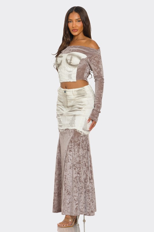 White Velvet-Denim Fusion Set