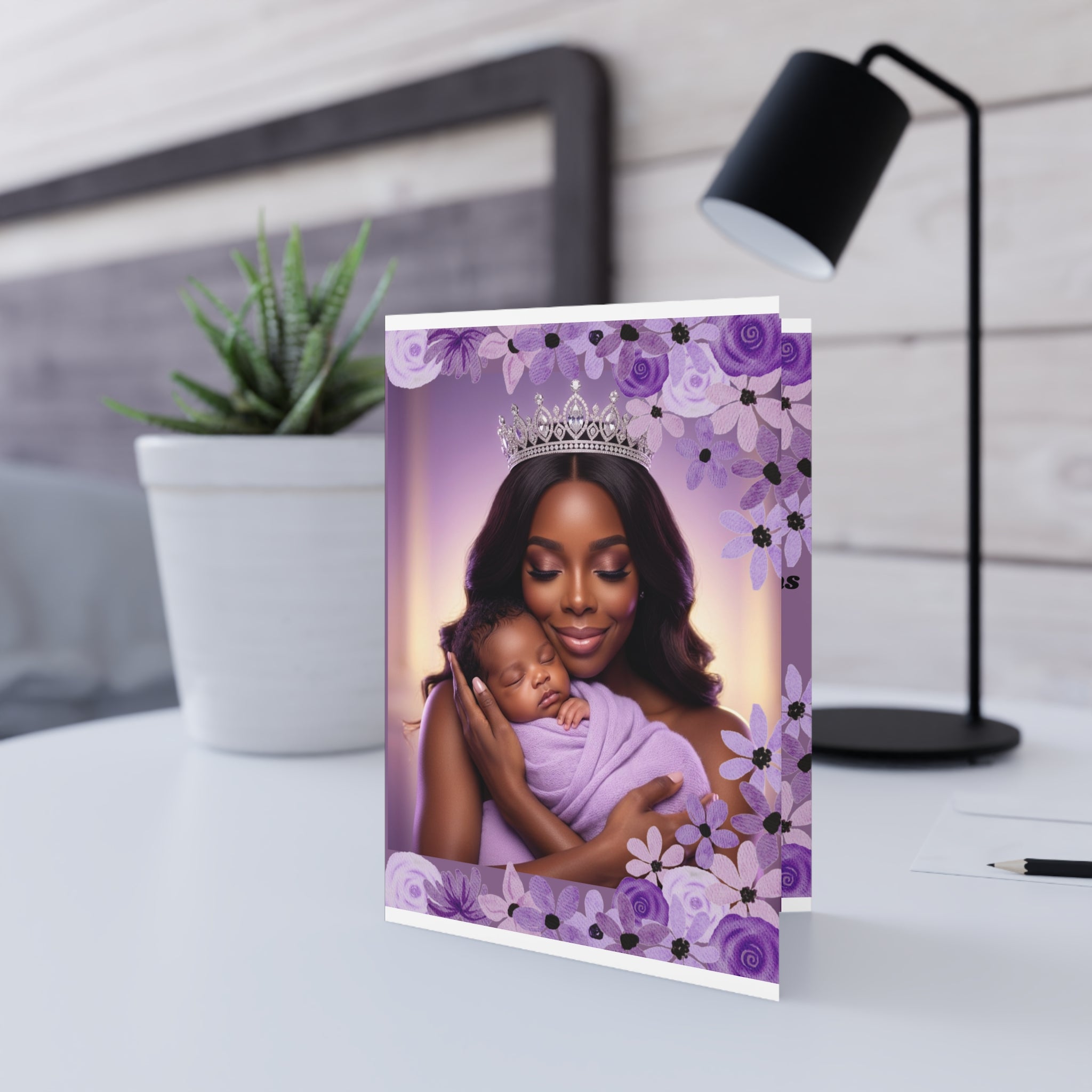 Greeting Card — New Baby Girl / Mommy & Baby Purple Floral "Little Queen"