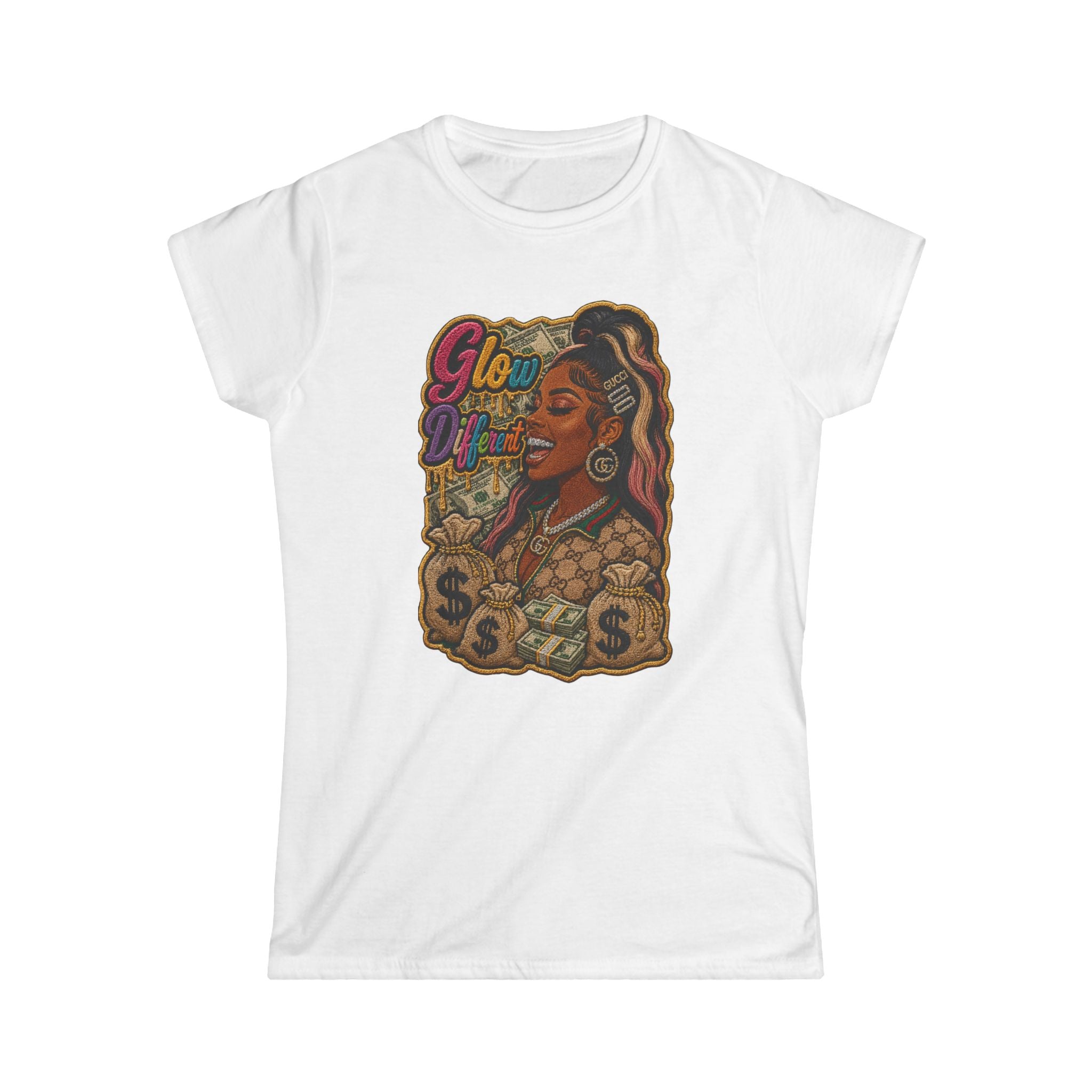 Graphic Tee — "Glow Up" Retro Woman with Money Illustration