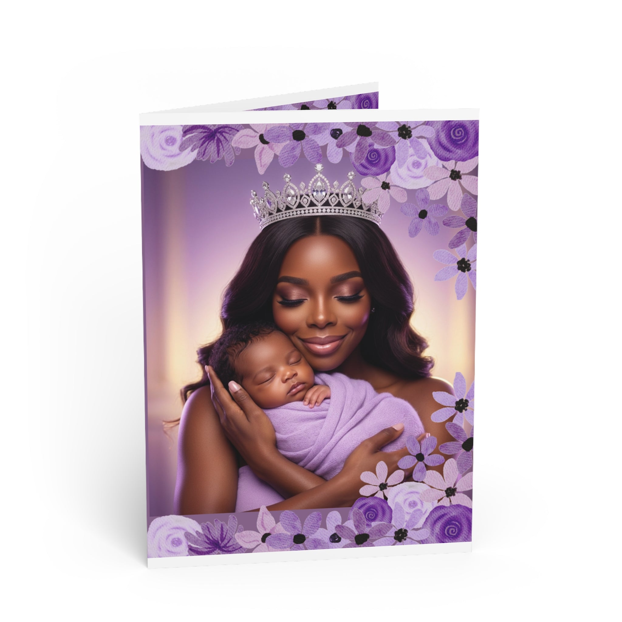 Greeting Card — New Baby Girl / Mommy & Baby Purple Floral "Little Queen"