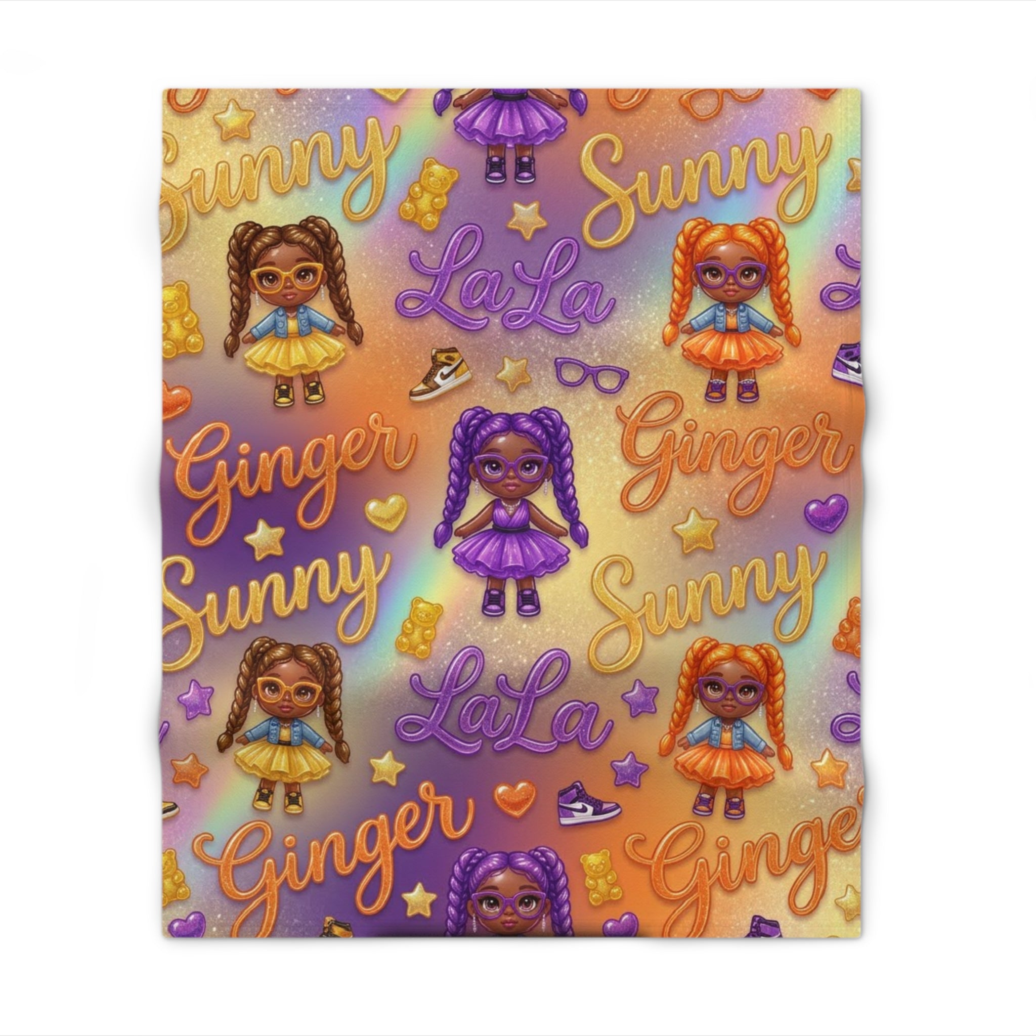 Kids' Doll Pattern Throw Blanket — 'Sunny, Ginger, LaLa' Cozy Plush Blanket