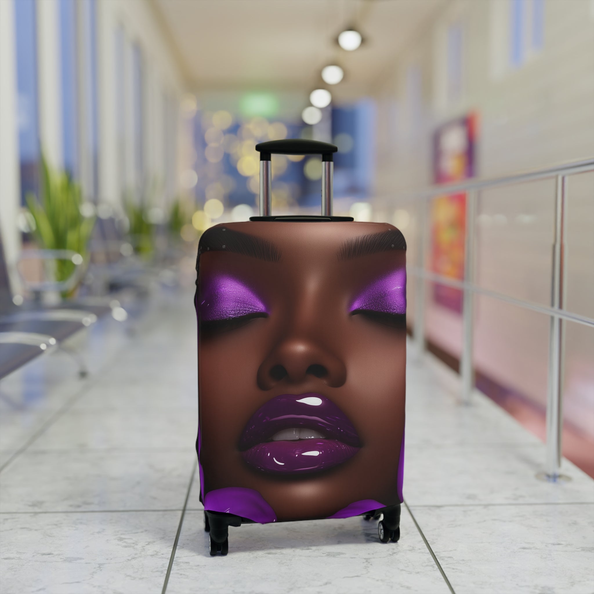 Purple Flower Stylish Luggage Cover - Elegant African American Woman Design for Travel