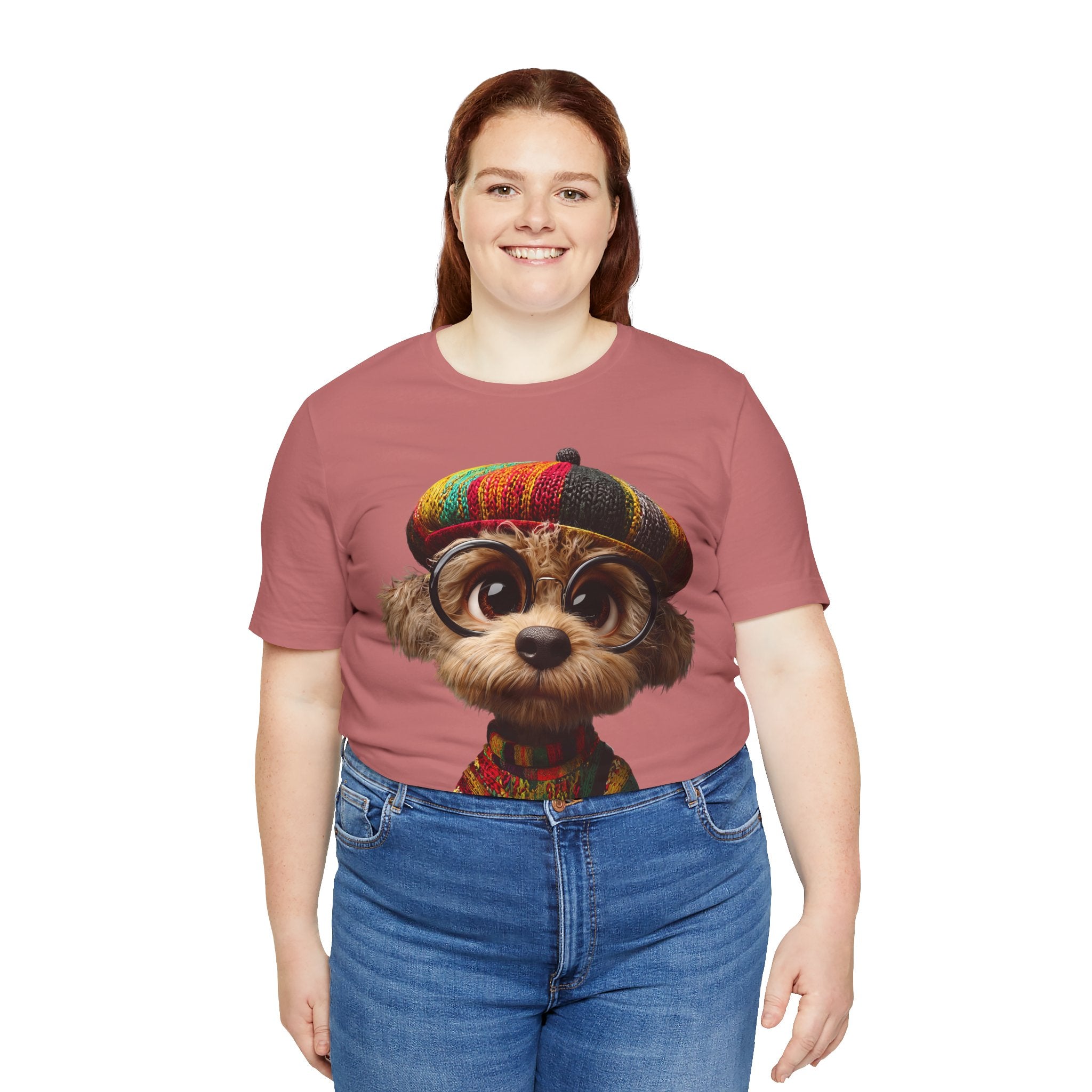 Cute Dog Graphic Tee — Rasta Hat Puppy Portrait T-Shirt
