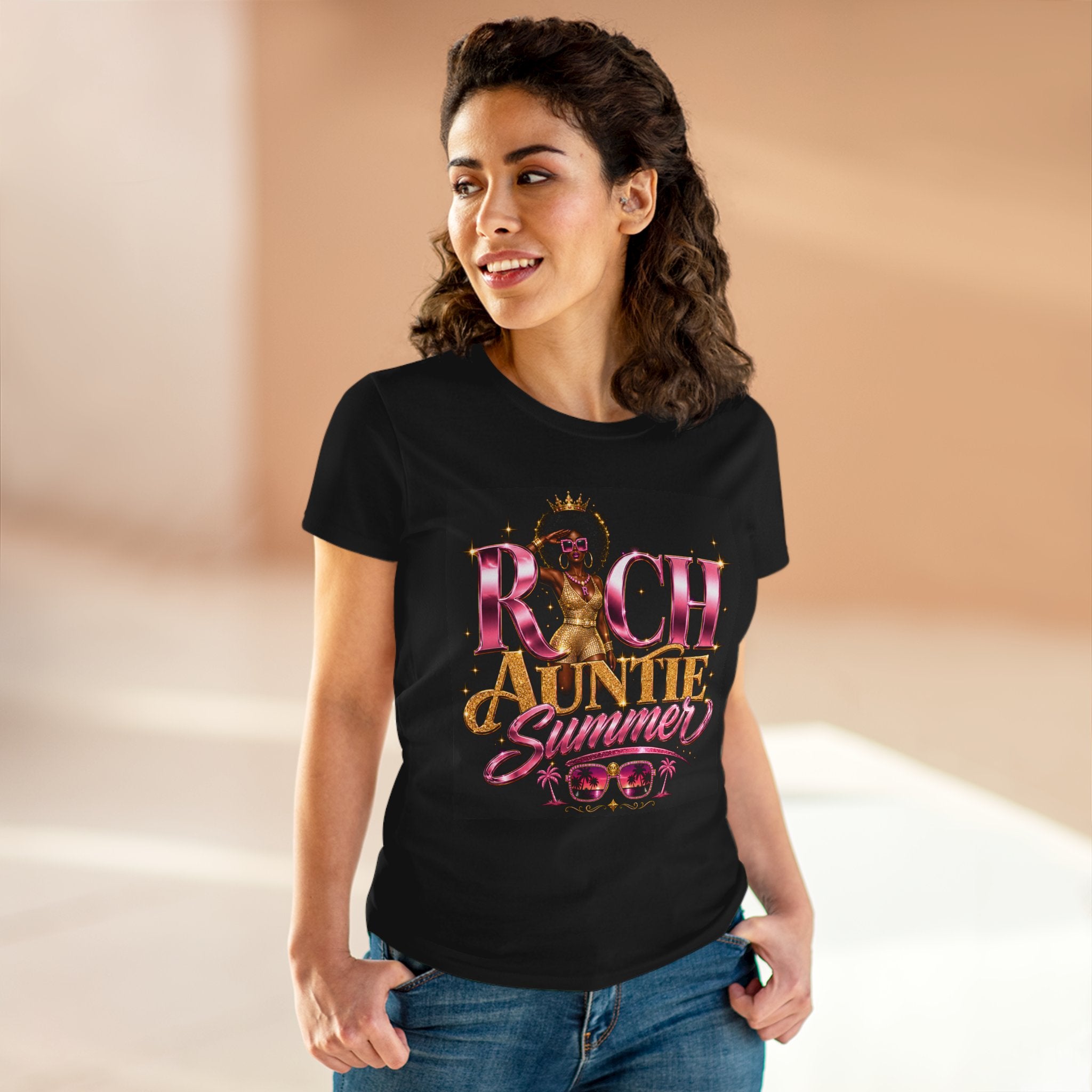 Rich Auntie Summer T-Shirt — "Rich in Peace, Purpose, Vibes" Women's Cotton Tee