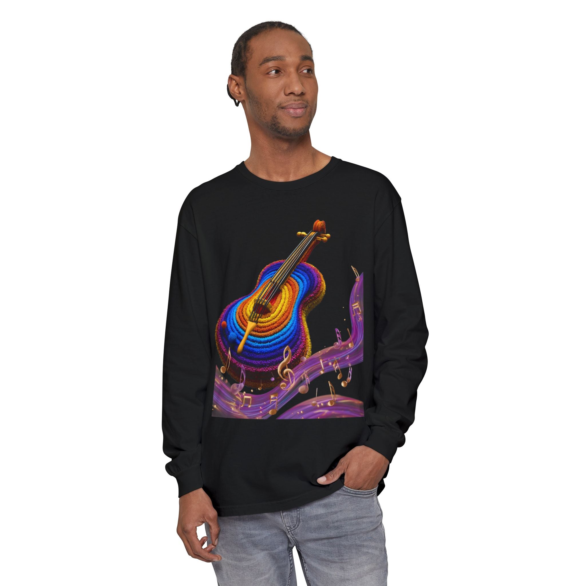 Rainbow Acoustic Guitar Long Sleeve Tee — Colorful Music Notes Shirt