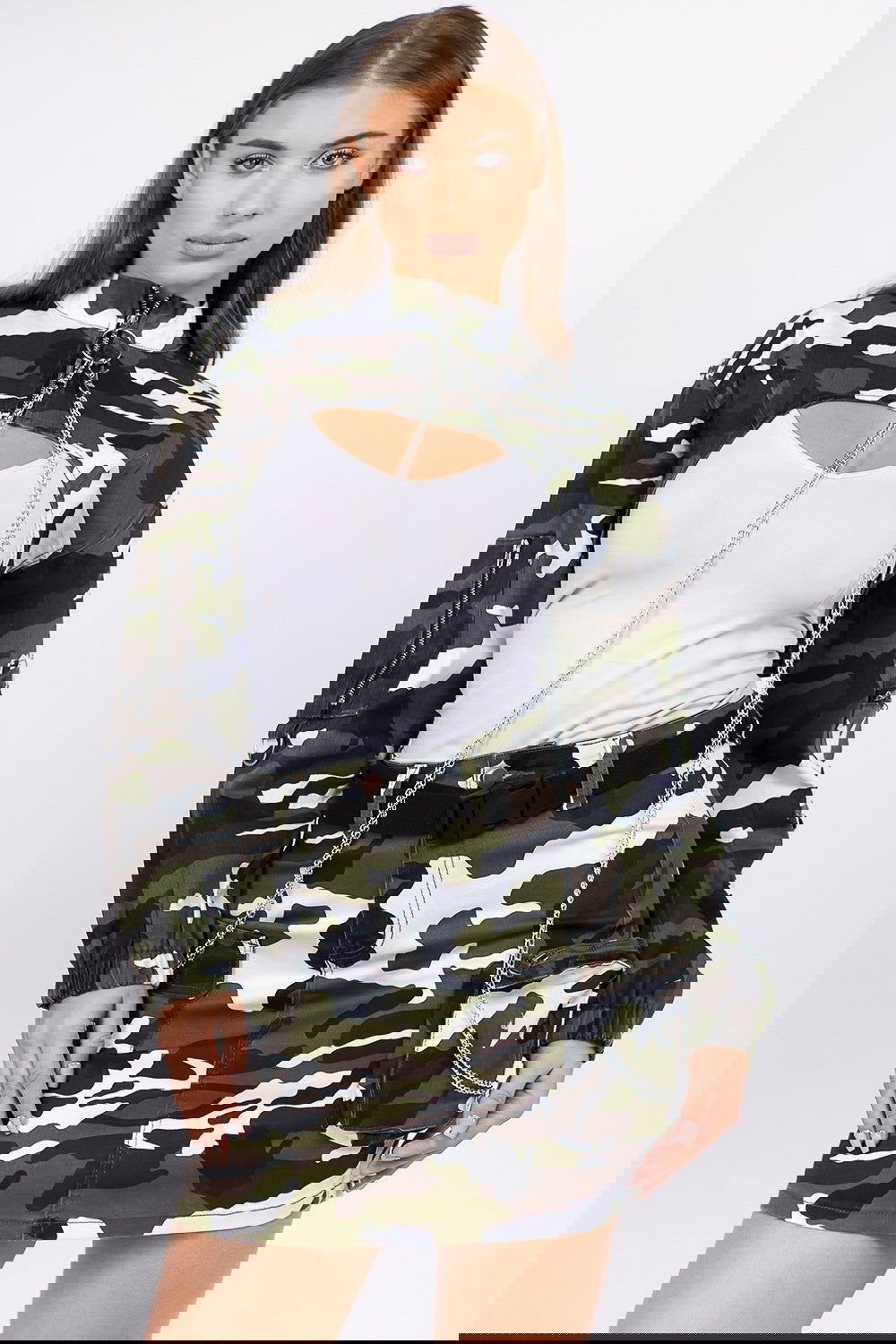 American Bazi Camouflage Cropped Jacket with Chains - ShopEbonyMonique