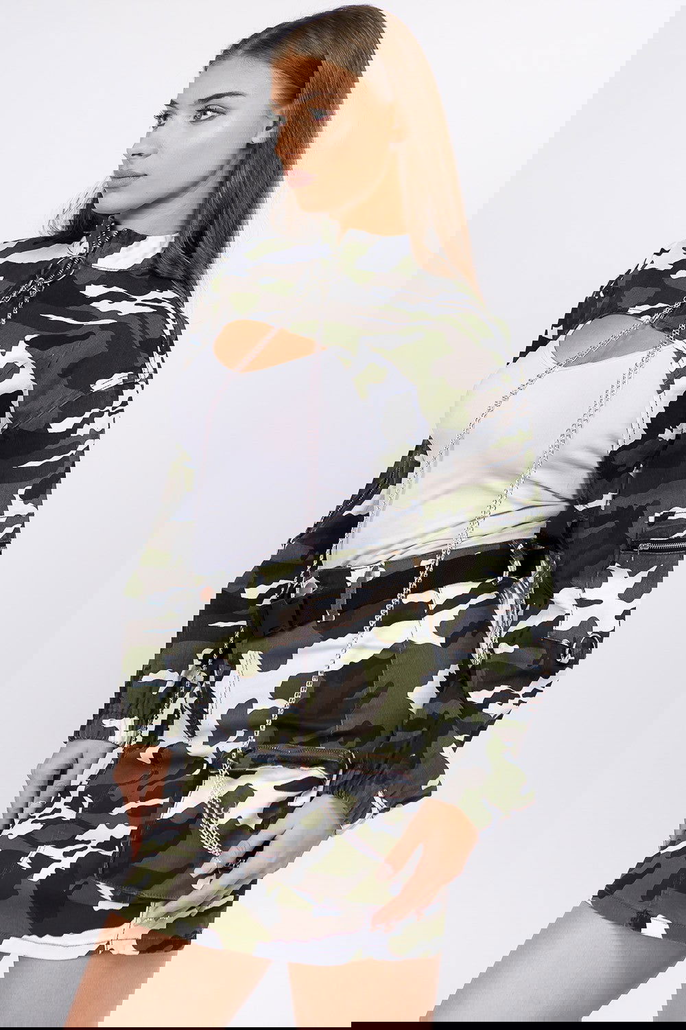 American Bazi Camouflage Cropped Jacket with Chains - ShopEbonyMonique