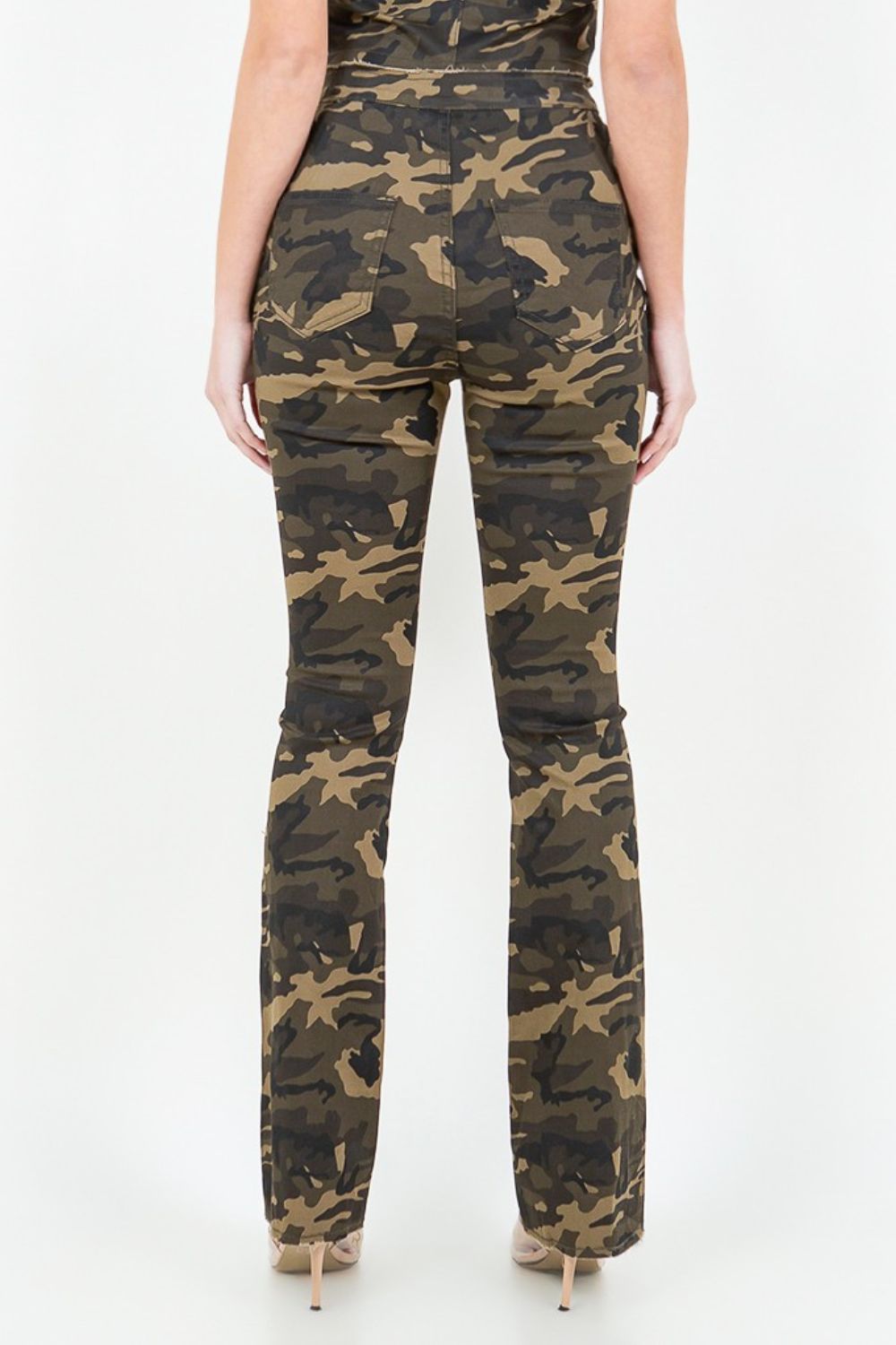 American Bazi V-Cut Ruched Camo Flare Pants - ShopEbonyMonique
