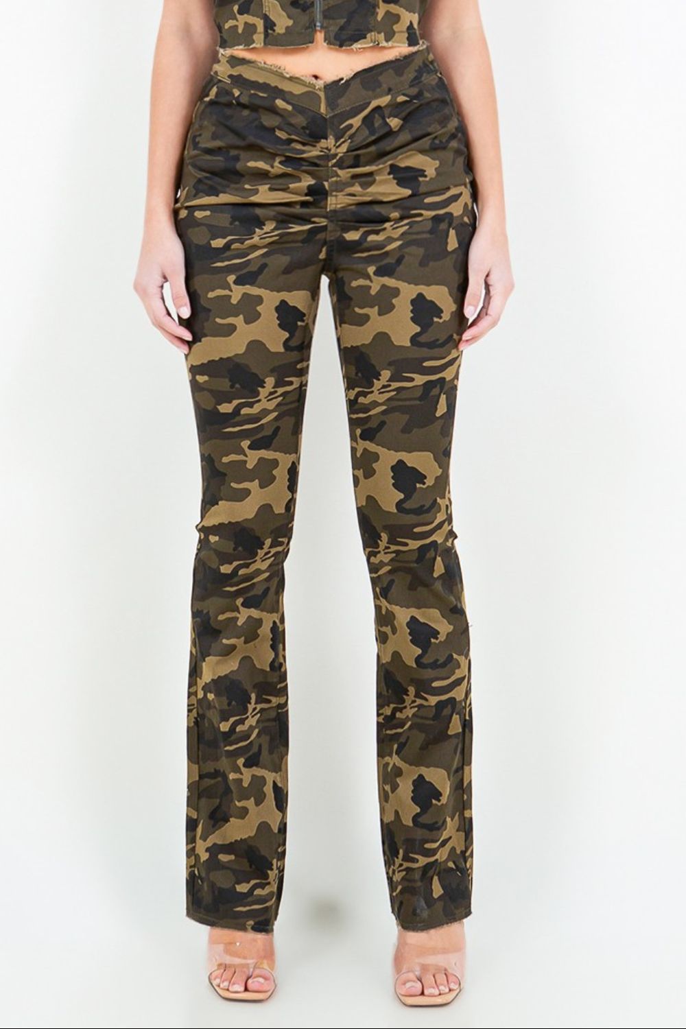 American Bazi V-Cut Ruched Camo Flare Pants - ShopEbonyMonique