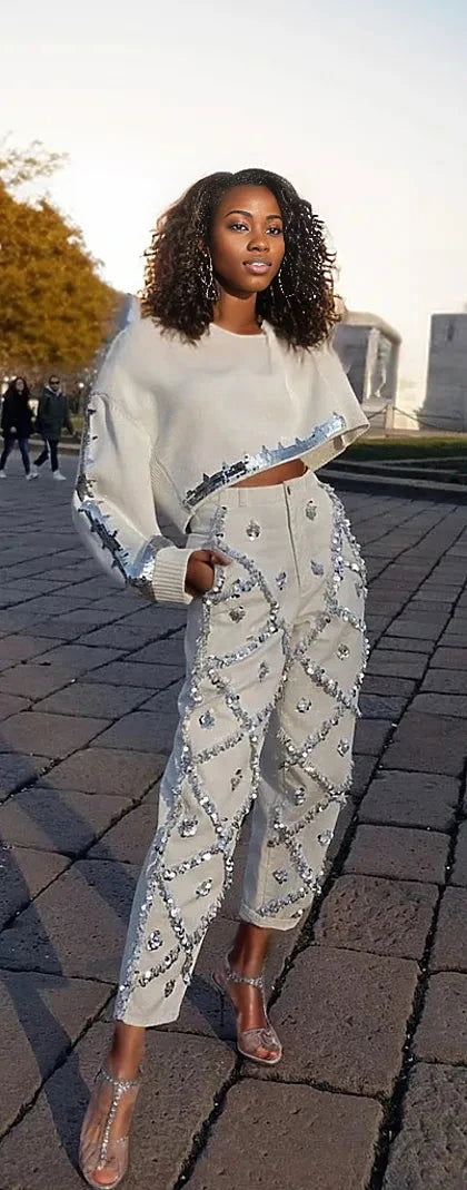 EM Designer Sequins Diamonds Beading Jeans - ShopEbonyMonique