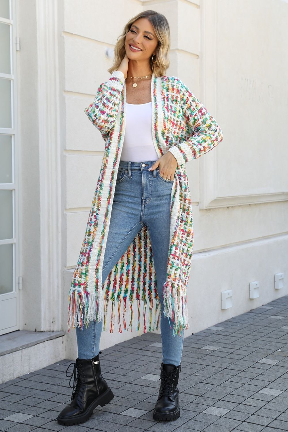 Multicolored Open Front Fringe Hem Cardigan - ShopEbonyMonique