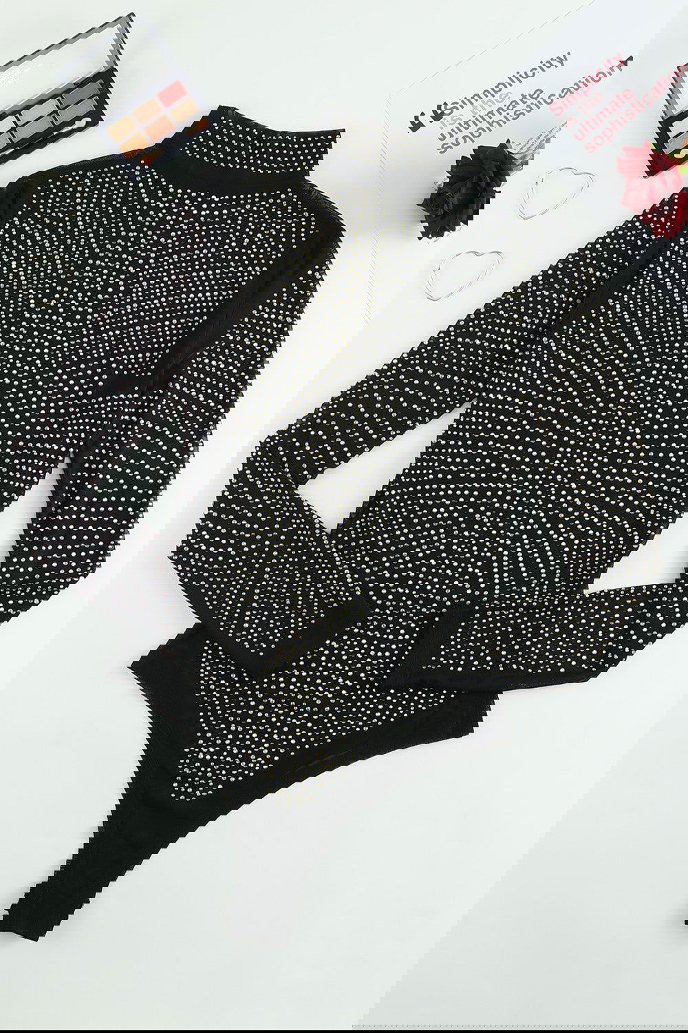 Rhinestone Mock Neck Long Sleeve Bodysuit - ShopEbonyMonique