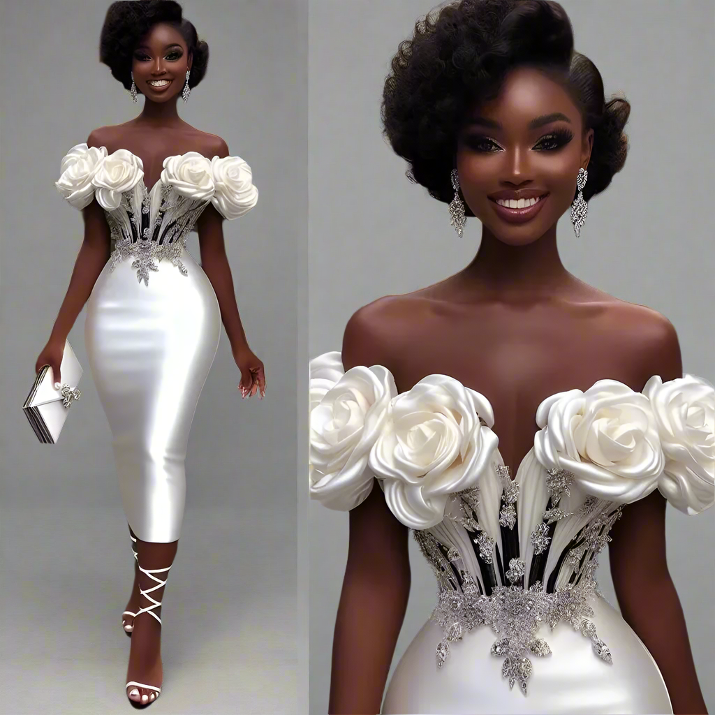 EM Ruffles Flower Tea Length Evening Dress