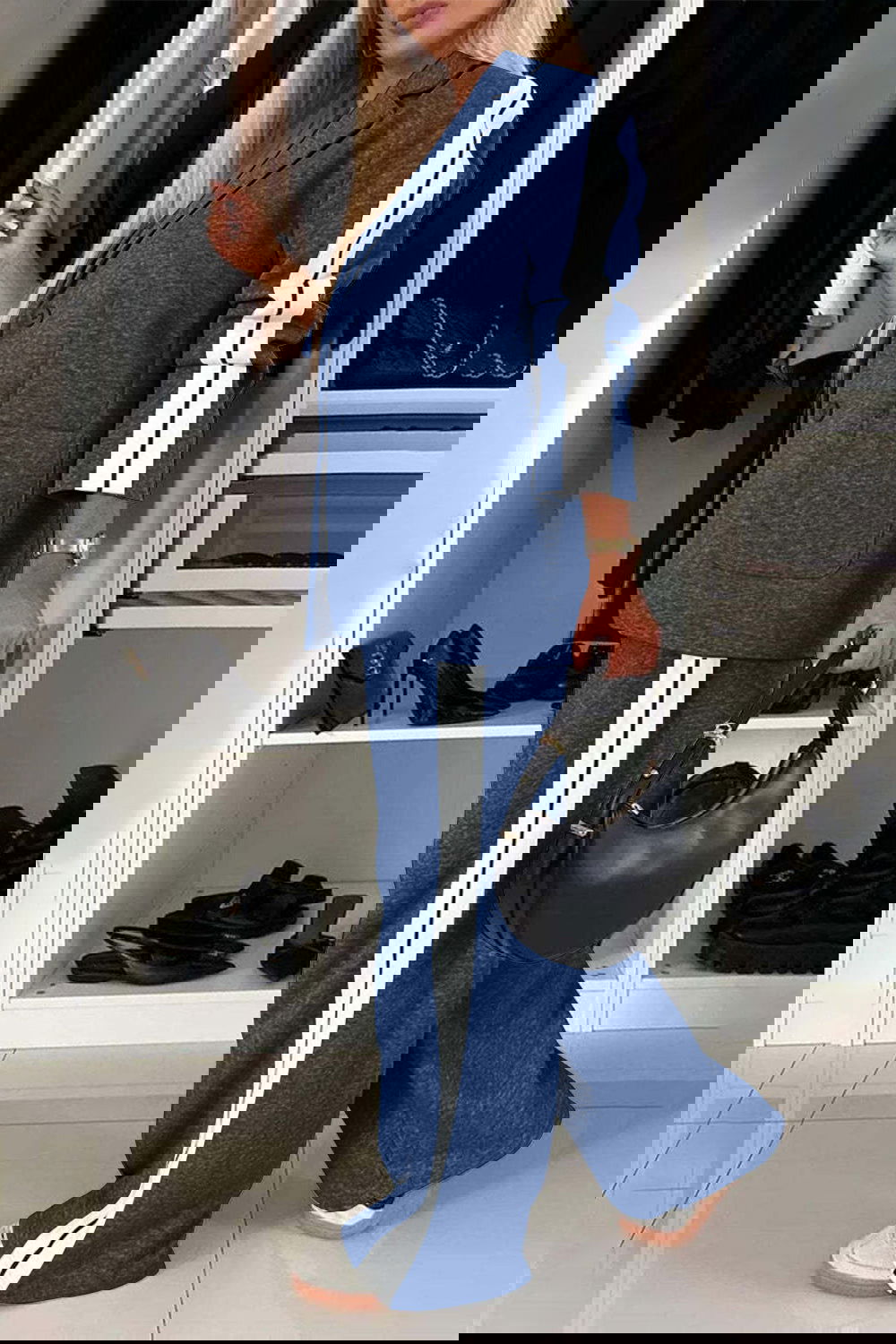 Stripe Contrast Lapel Collar Top and Pants Set - ShopEbonyMonique