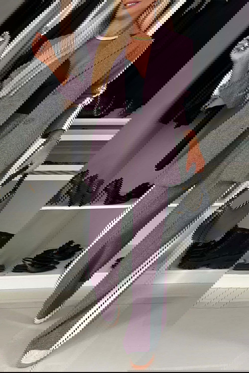 Stripe Contrast Lapel Collar Top and Pants Set - ShopEbonyMonique