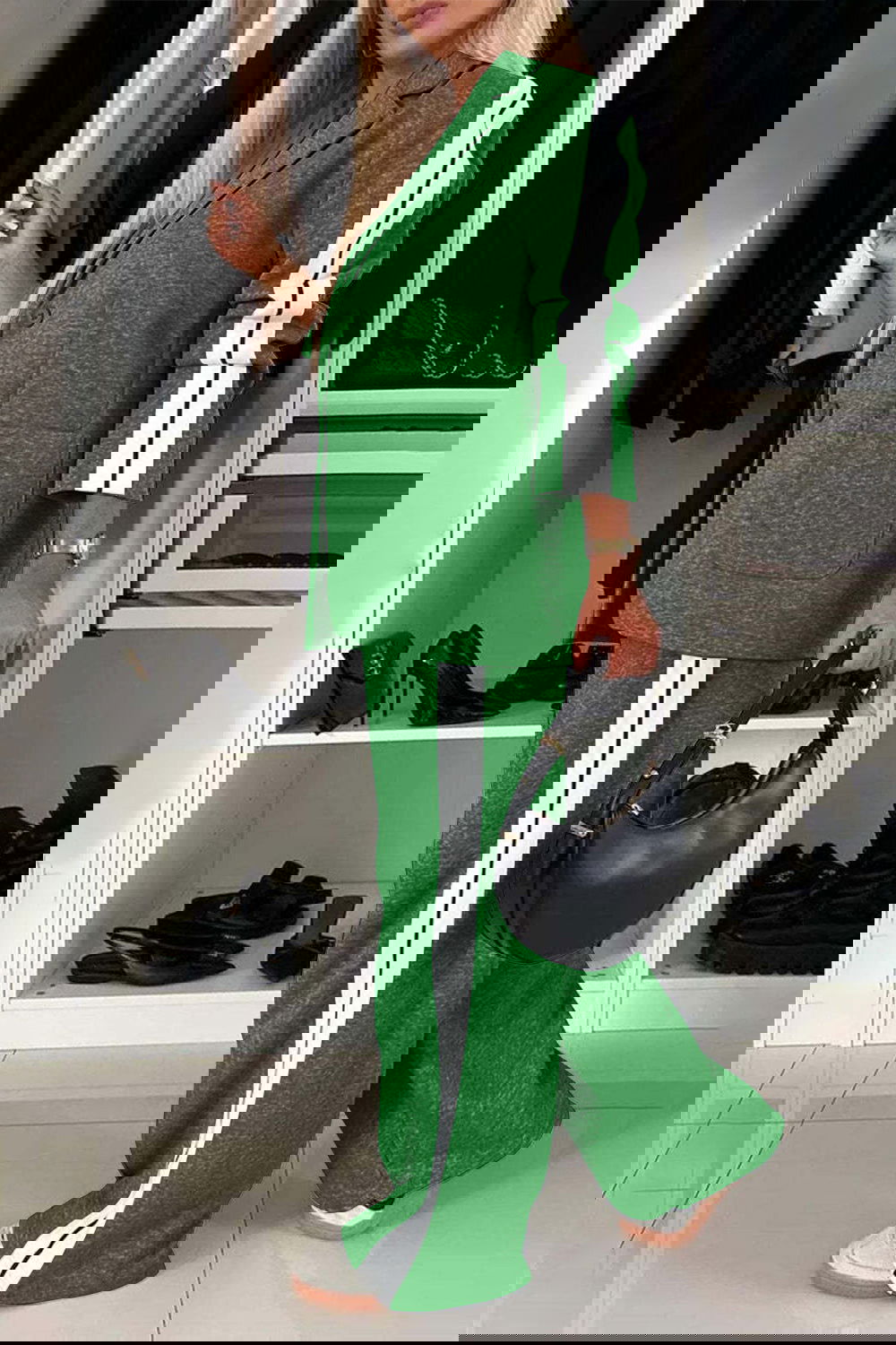 Stripe Contrast Lapel Collar Top and Pants Set - ShopEbonyMonique