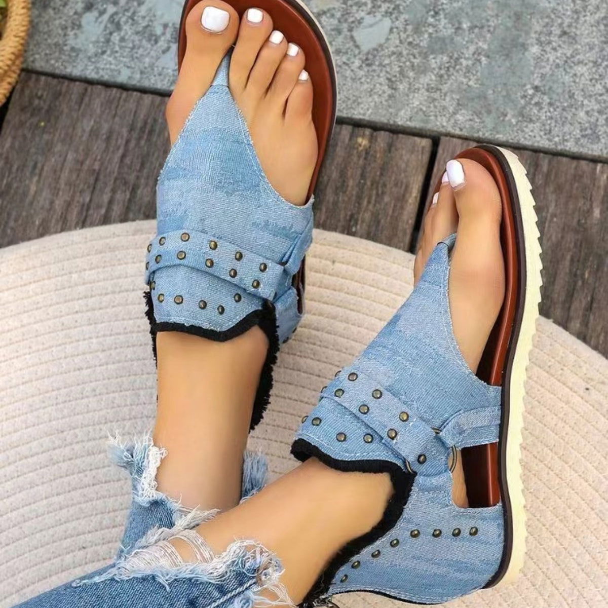Studded Raw Hem Flat Sandals - ShopEbonyMonique