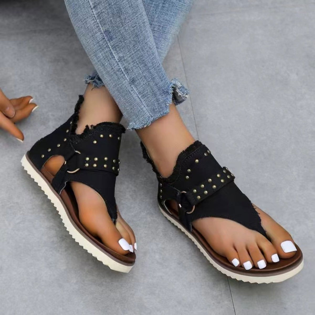 Studded Raw Hem Flat Sandals - ShopEbonyMonique