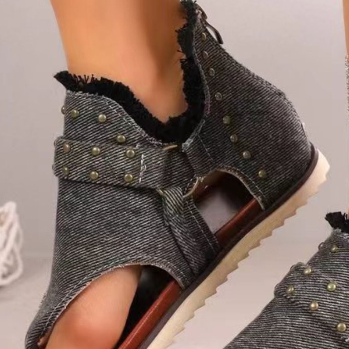 Studded Raw Hem Flat Sandals - ShopEbonyMonique