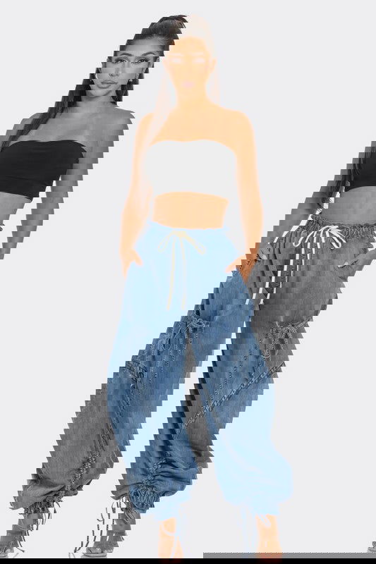 Urban Chic Drawstring Denim Cargo Pants - ShopEbonyMonique