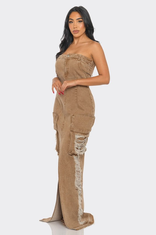 Vintage Washed Distressed Cargo Maxi Dress - ShopEbonyMonique