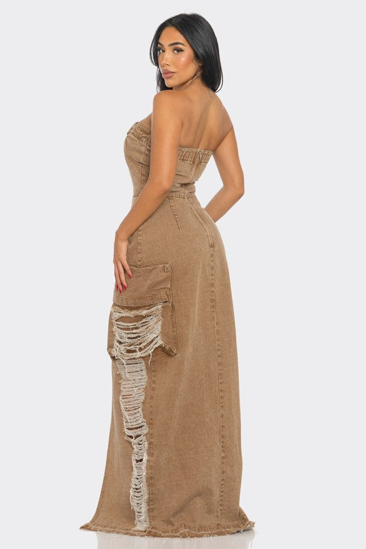 Vintage Washed Distressed Cargo Maxi Dress - ShopEbonyMonique