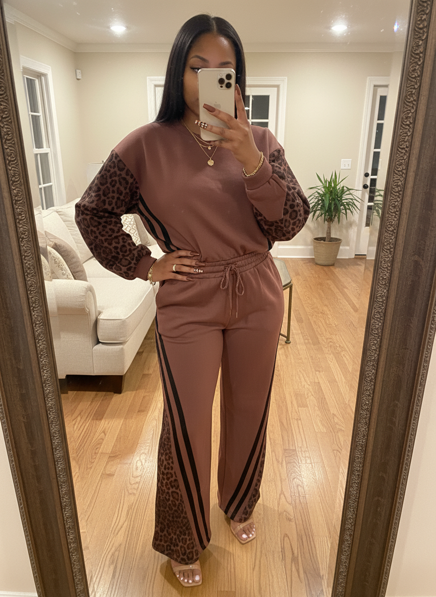 Leopard Print & Solid Stripes Contrast Loungewear