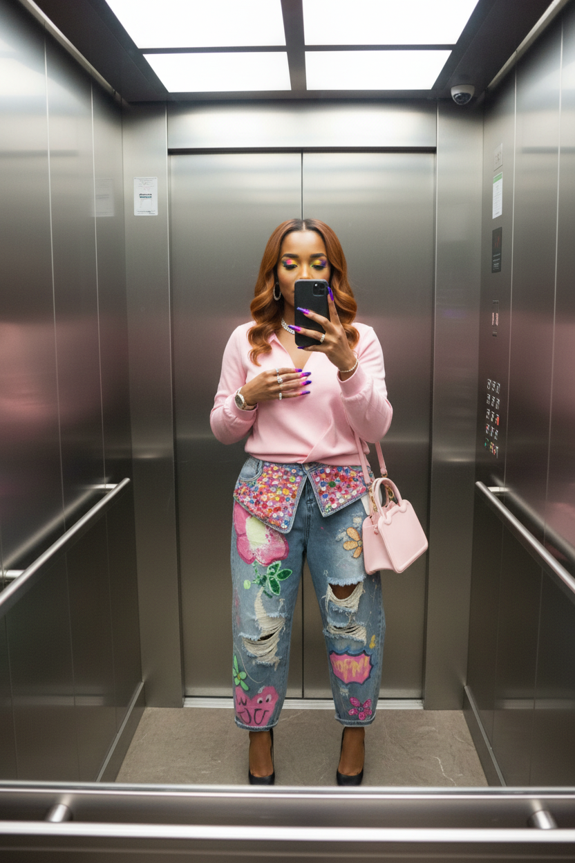 Print Flower Diamond Loose Jeans