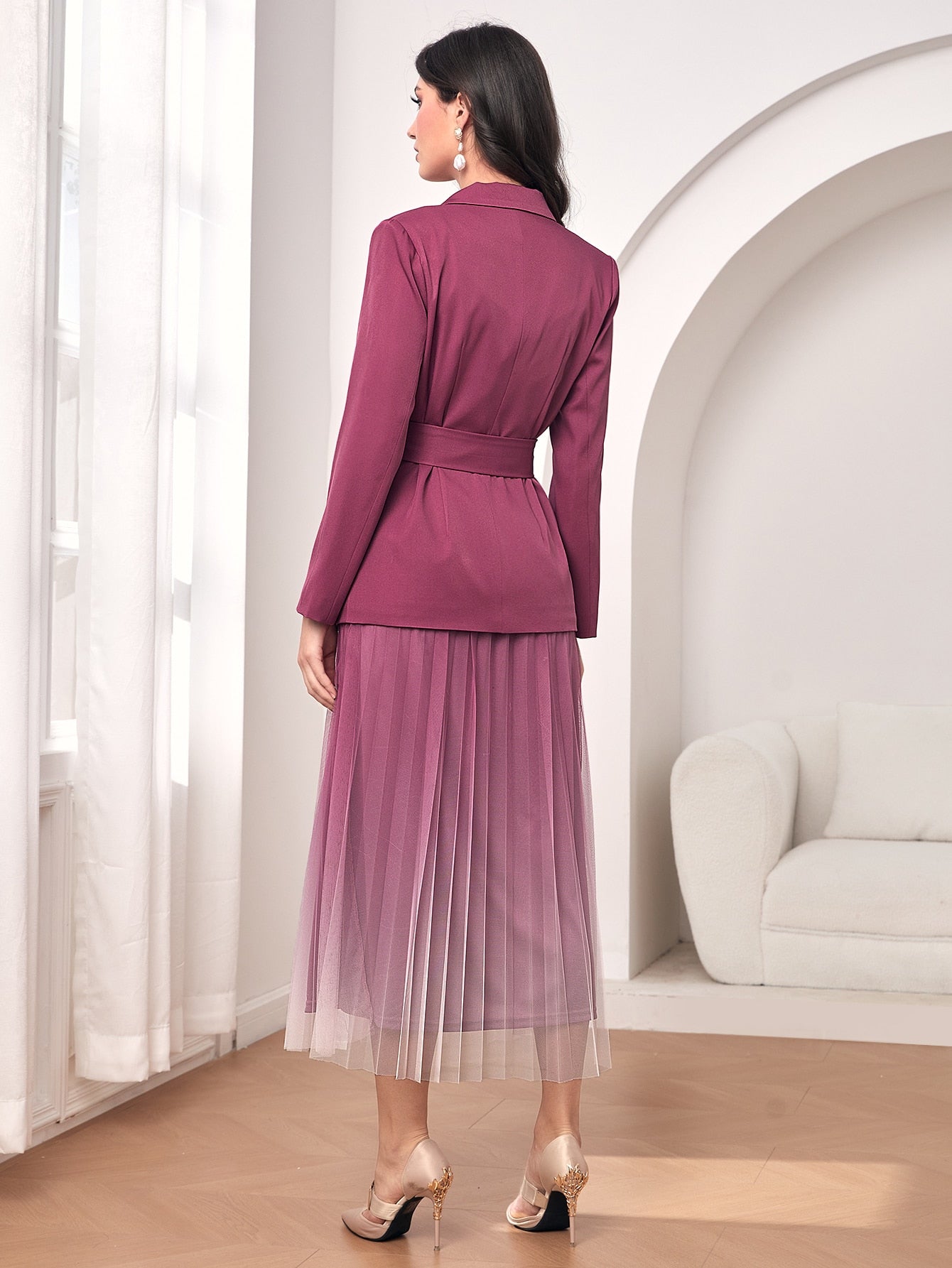 Single Breasted Belted Blazer & Mesh Skirt - ShopEbonyMonique