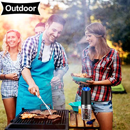 Gravity Electric Pepper and Salt Grinder Set, Adjustable Coarseness, Battery Powered with LED Light, One Hand Automatic Operation, Stainless Steel Black, 2 Pack - ShopEbonyMonique