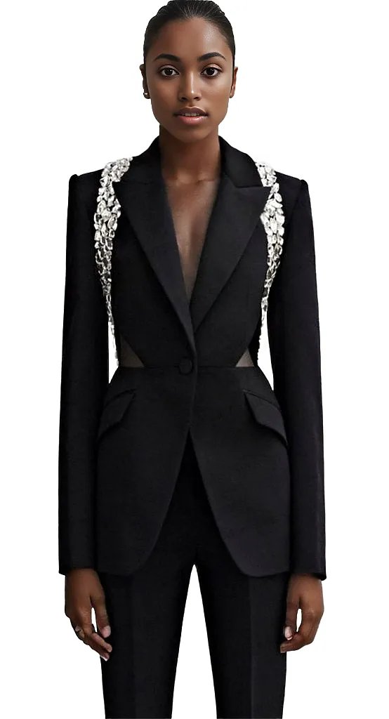 EM Crystals Women Suit Set Blazer+Flare Pants Hollow Back Jacket - ShopEbonyMonique