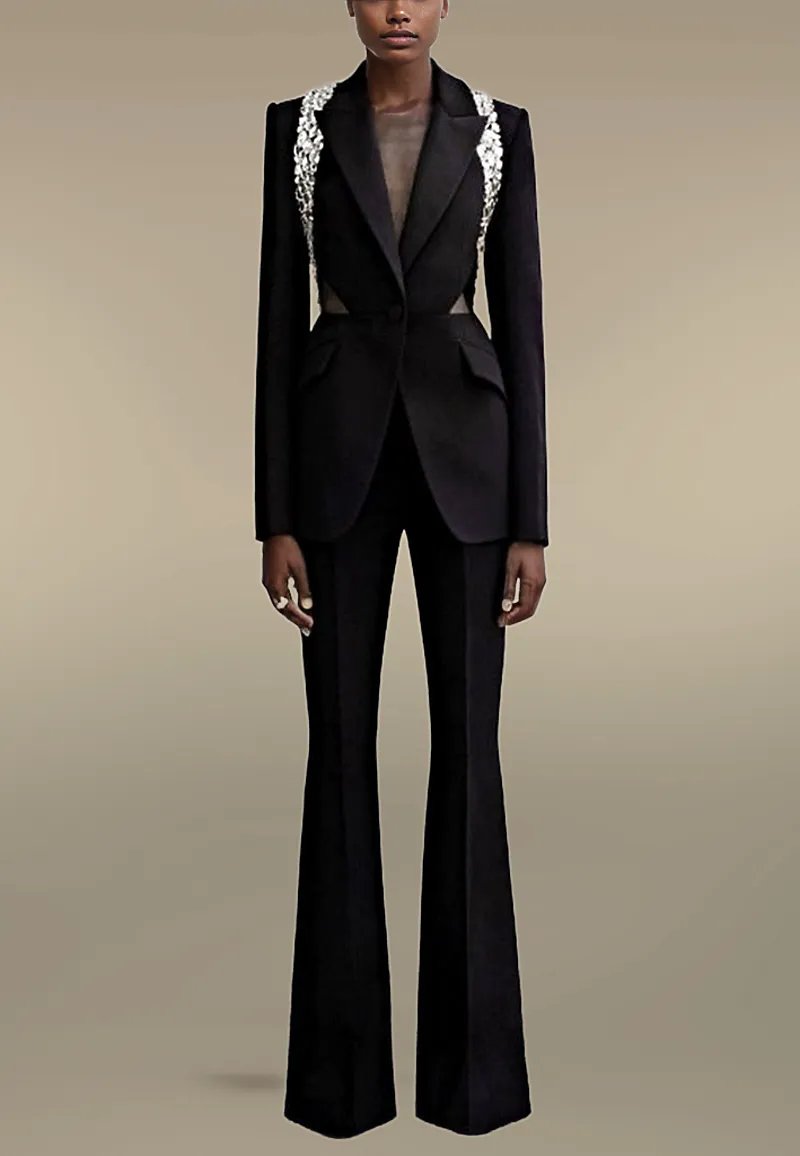 EM Crystals Women Suit Set Blazer+Flare Pants Hollow Back Jacket - ShopEbonyMonique