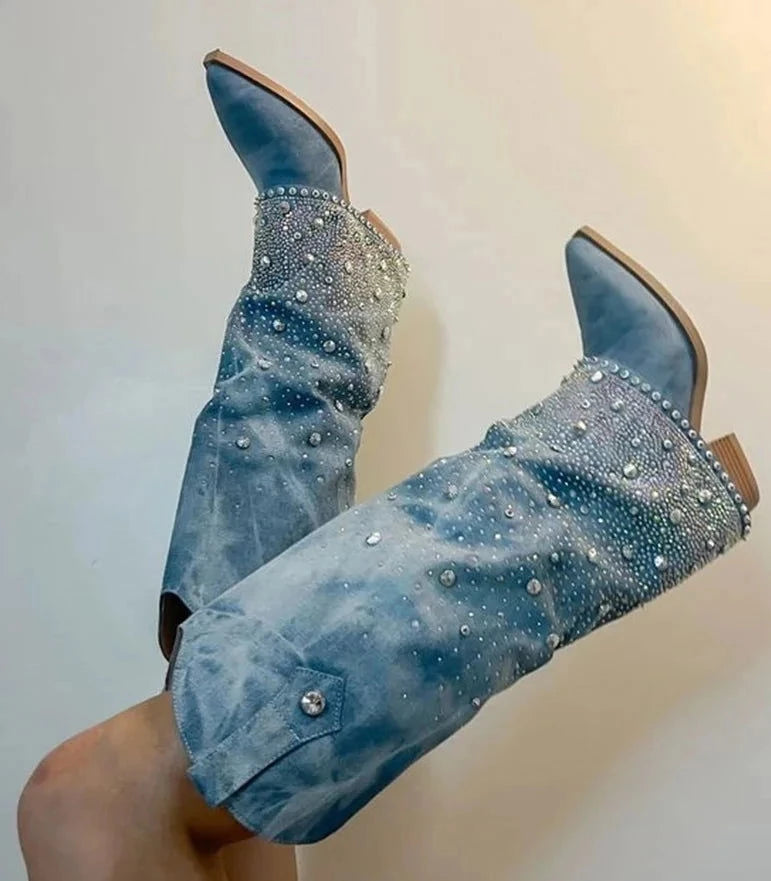 Crystal Denim Western Boots - ShopEbonyMonique