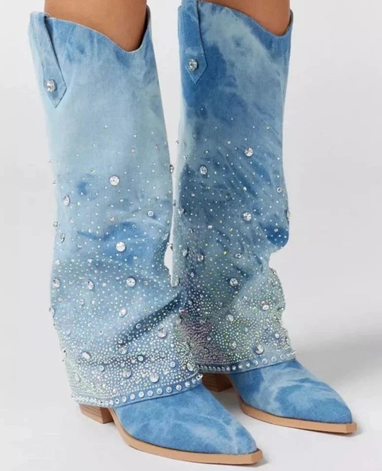 Crystal Denim Western Boots - ShopEbonyMonique