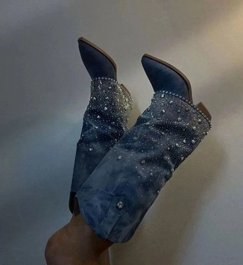 Crystal Denim Western Boots - ShopEbonyMonique