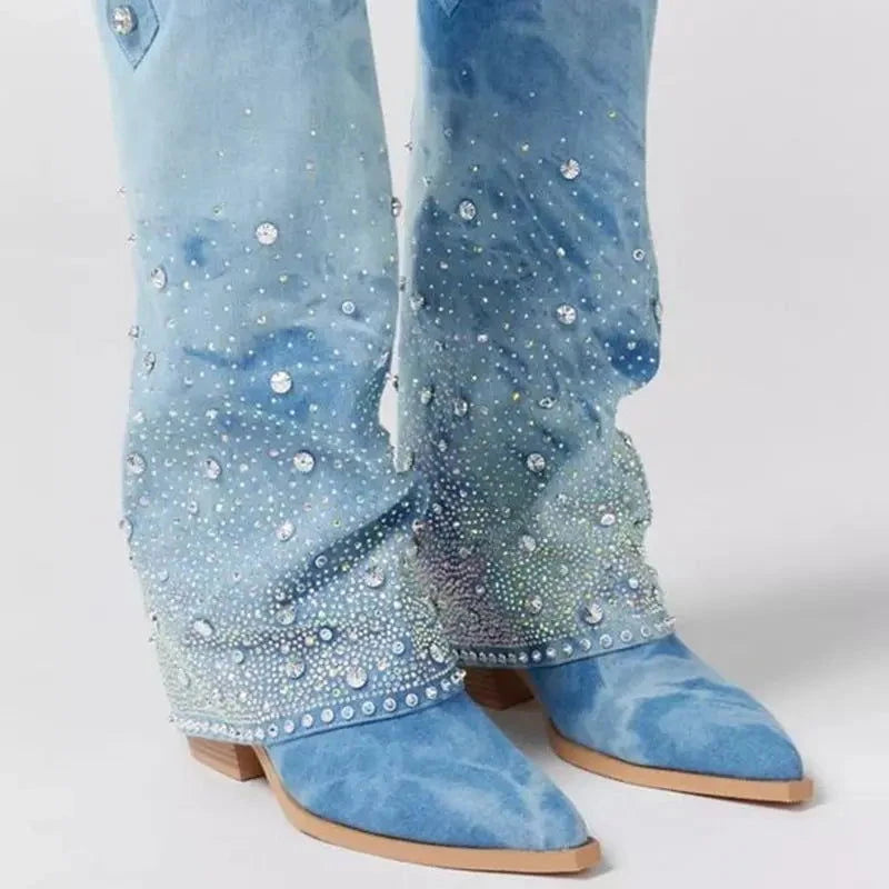 Crystal Denim Western Boots - ShopEbonyMonique