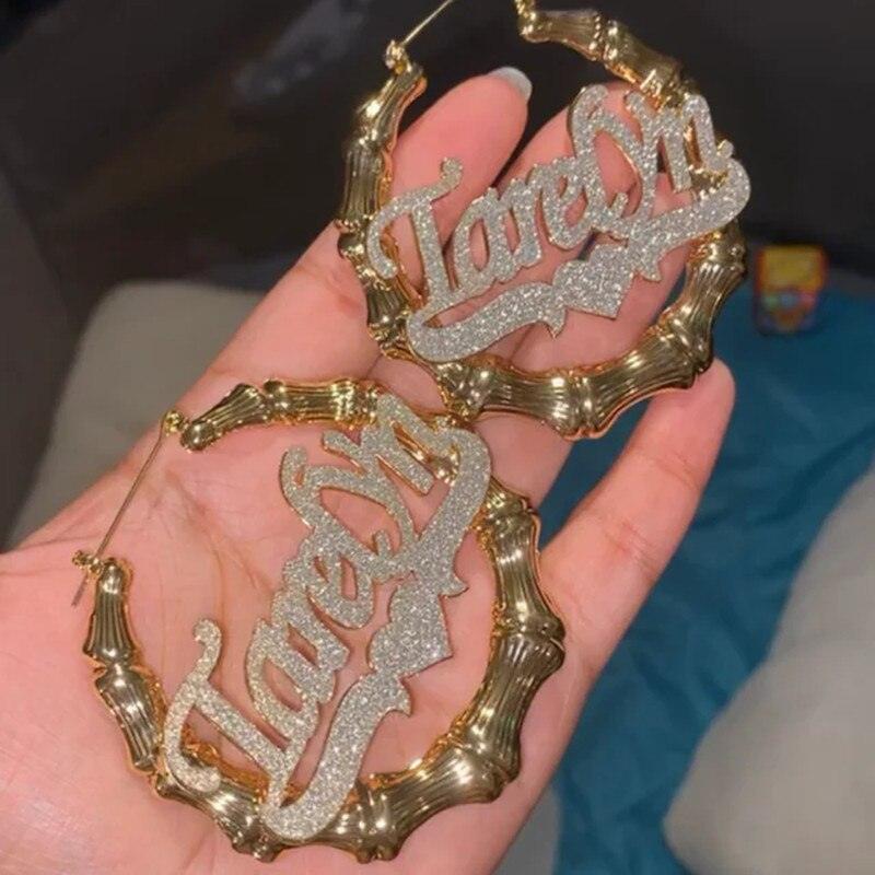 Custom Bling Name Bamboo Earrings - ShopEbonyMonique