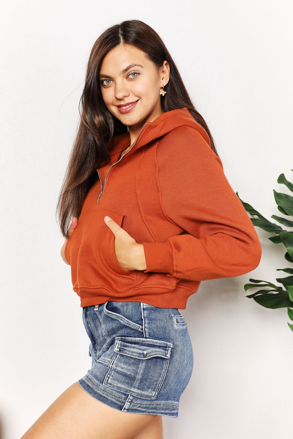 Double Take Half-Zip Long Sleeve Hoodie - ShopEbonyMonique