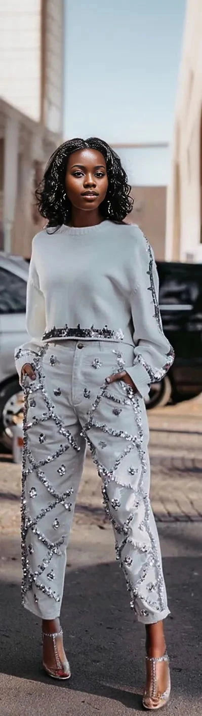 EM Designer Sequins Diamonds Beading Jeans - ShopEbonyMonique