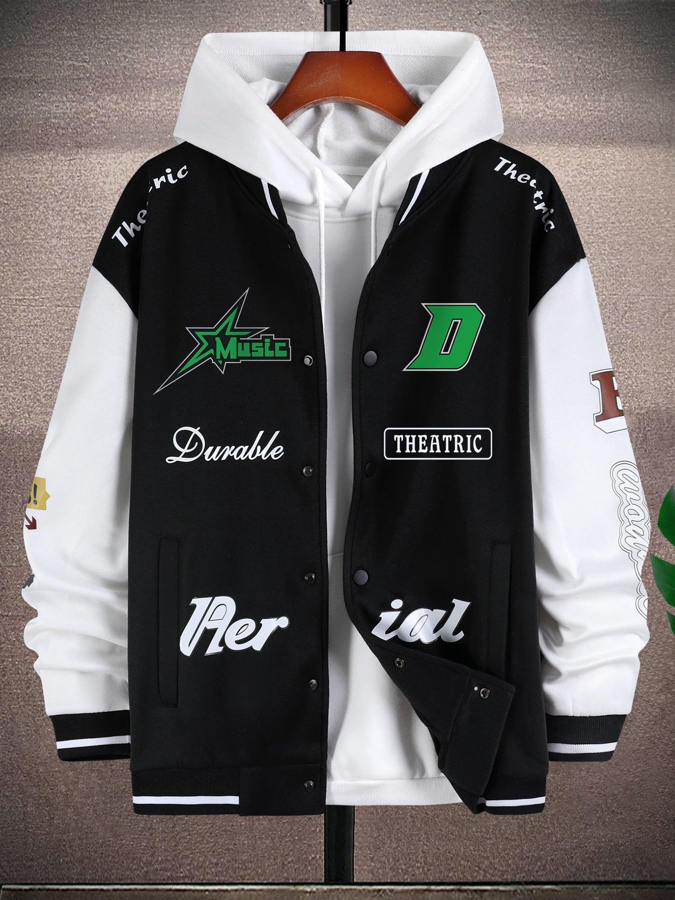 EM Men Letter Graphic Varsity Jacket Without Hoodie - ShopEbonyMonique