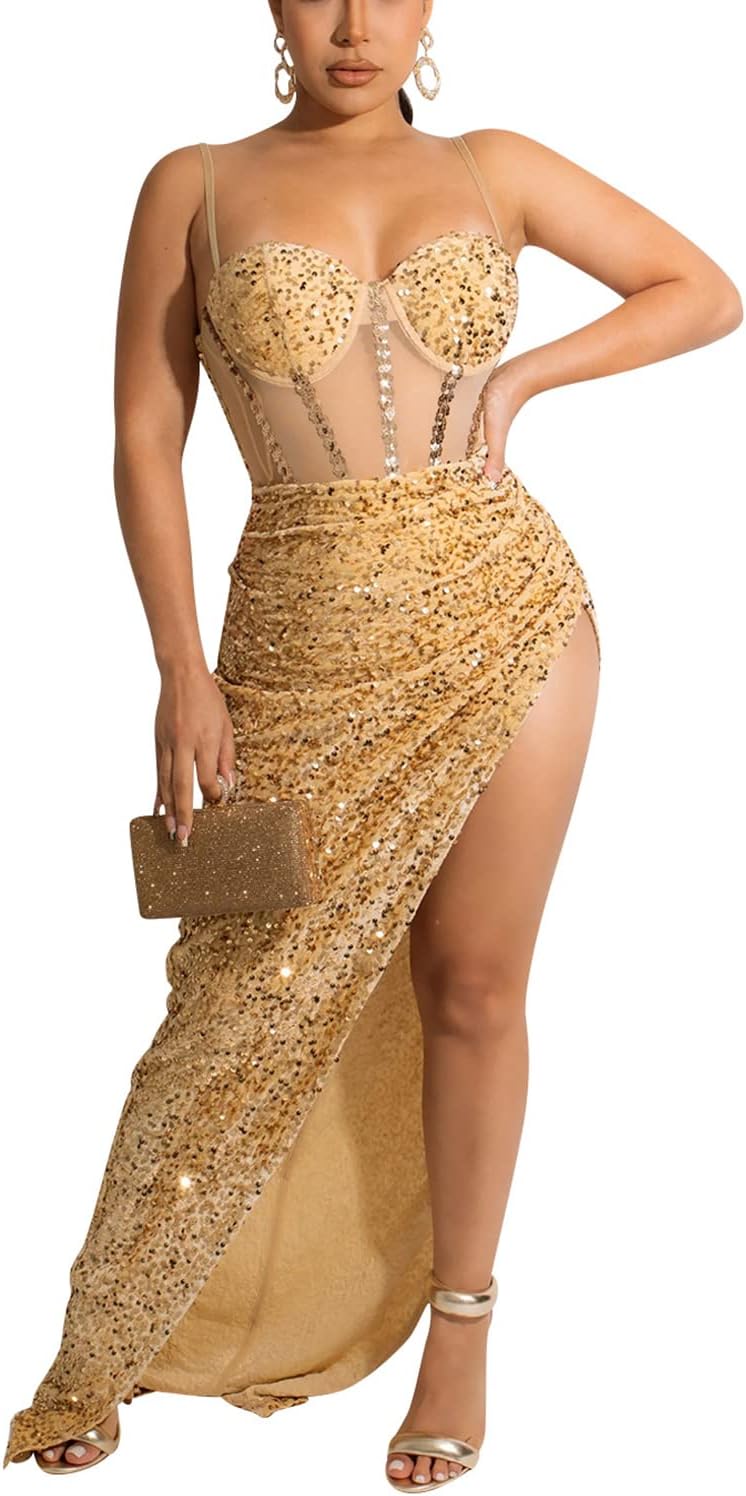 EM Spaghetti Strap V Neck Mesh See Through Gown - ShopEbonyMonique