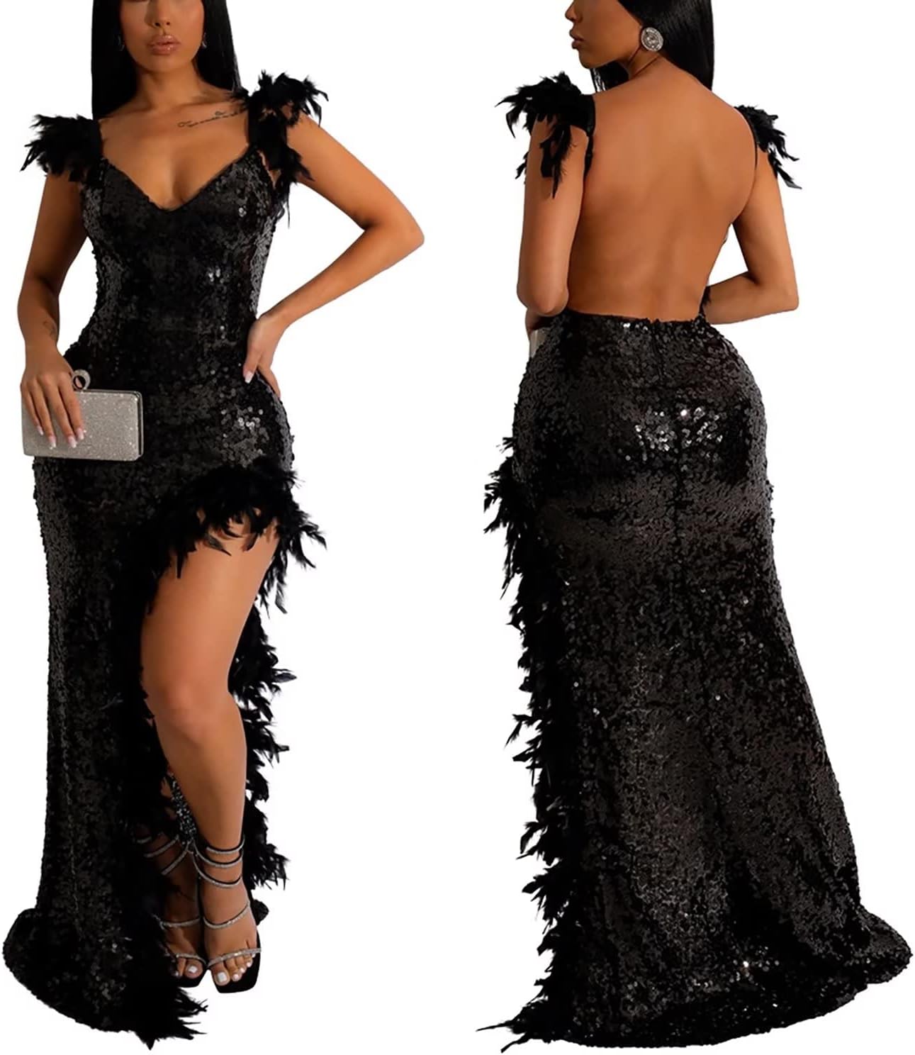 EM Spaghetti Strap V Neck Mesh See Through Gown - ShopEbonyMonique